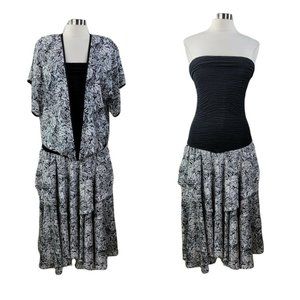 Vintage 80s Jacket Dress set size 4/6 Ruffle Skirt Floral Rose Black Gray prom
